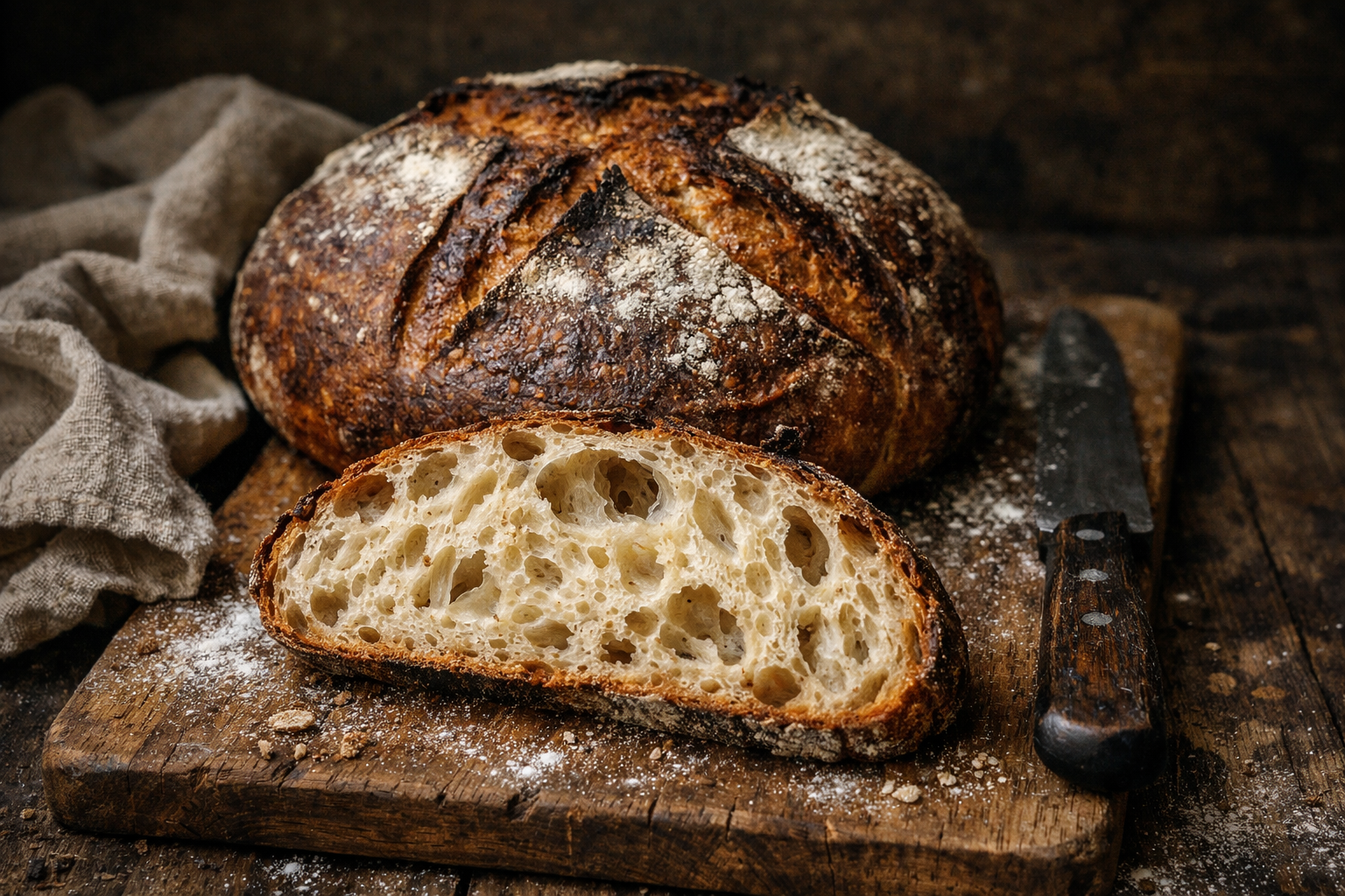 Przekrój chleba na zakwasie z równomiernym miękiszem i średnimi dziurkami
