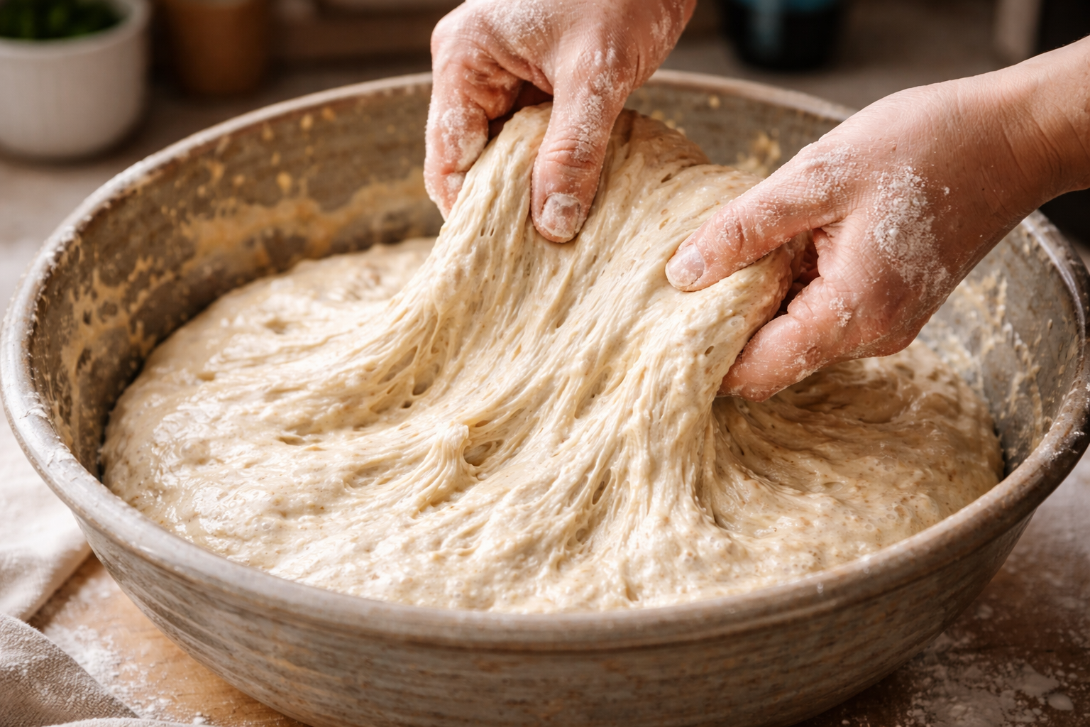 Mała rzemieślnicza pracownia piekarska z drewnianym stołem i koszykami rozrostowymi