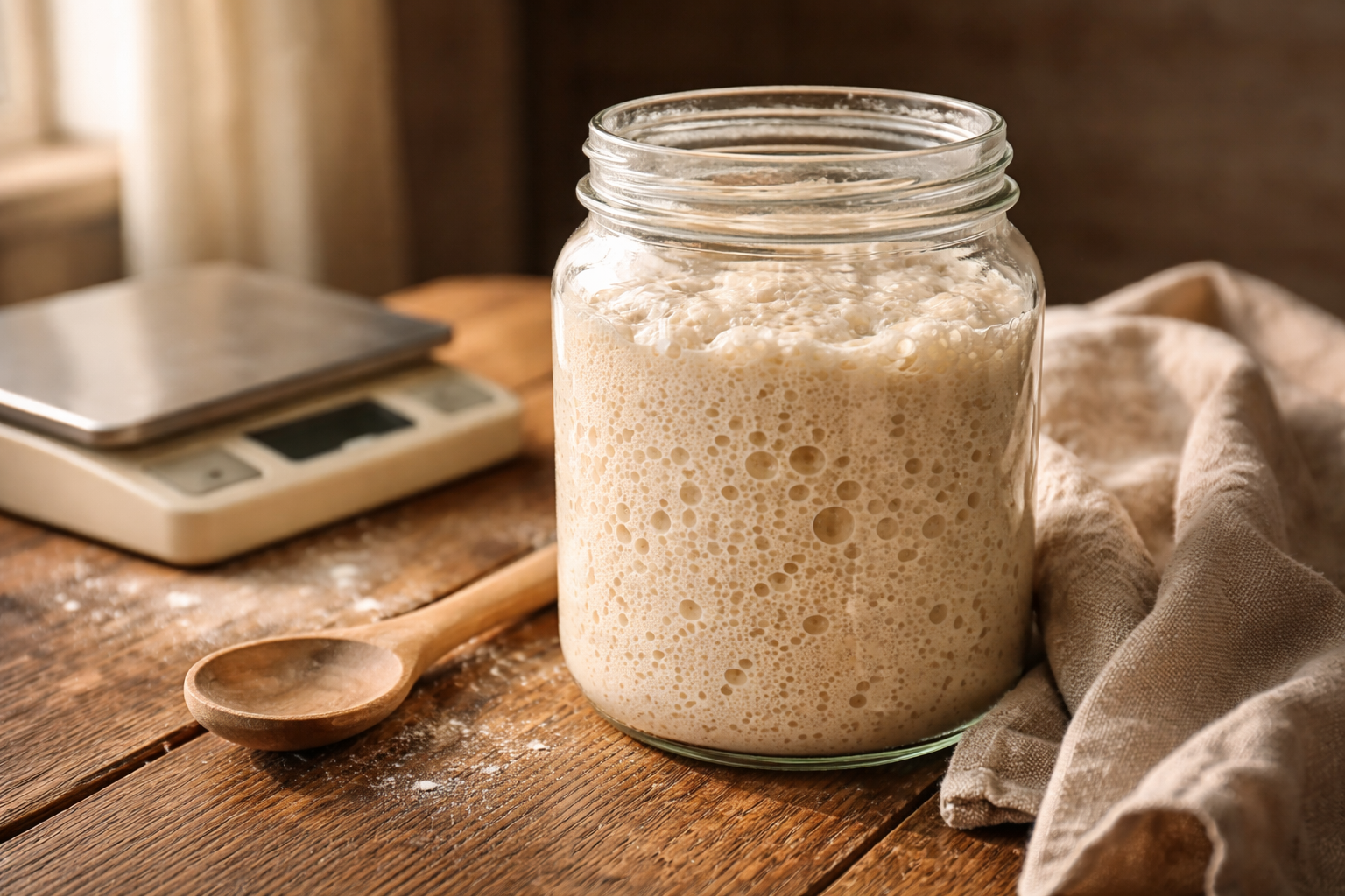 Szklany słoik z dojrzałym zakwasem na drewnianym stole